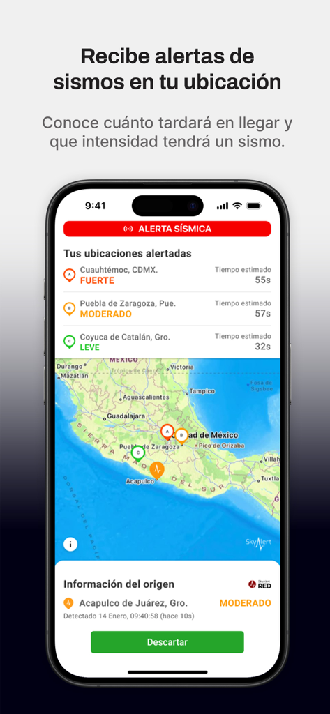 SkyAlert app interface showing earthquake locations on a map of Mexico with intensity alerts and estimated arrival times.