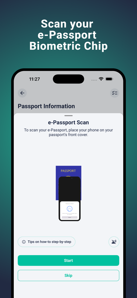 Mobile screen of Passport.app showing instructions to scan an e-Passport biometric chip by placing the phone on the passport cover.