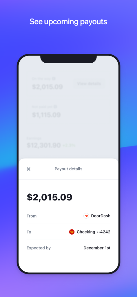 Stripe Express - A screenshot of the Stripe Express app interface displaying upcoming payout details including amount, source from DoorDash, and expected date.