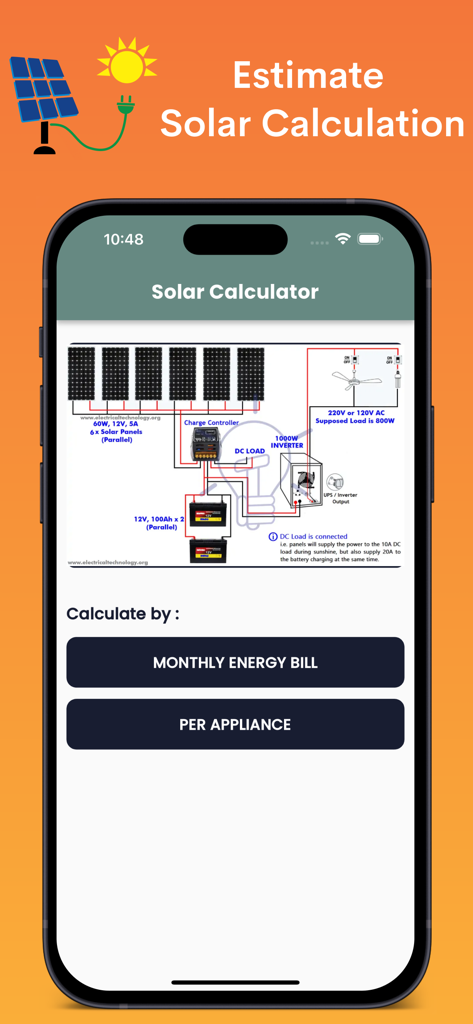 Interface do aplicativo Calculadora Solar mostrando um diagrama de fiação do sistema de painel solar e opções de cálculo de energia