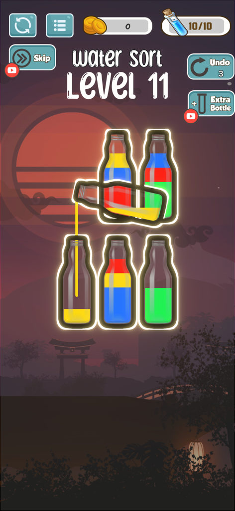 Water Sort Master: Bottle Fill - Gameplay of Water Sort Master showing colored liquids being sorted into bottles at level 11.