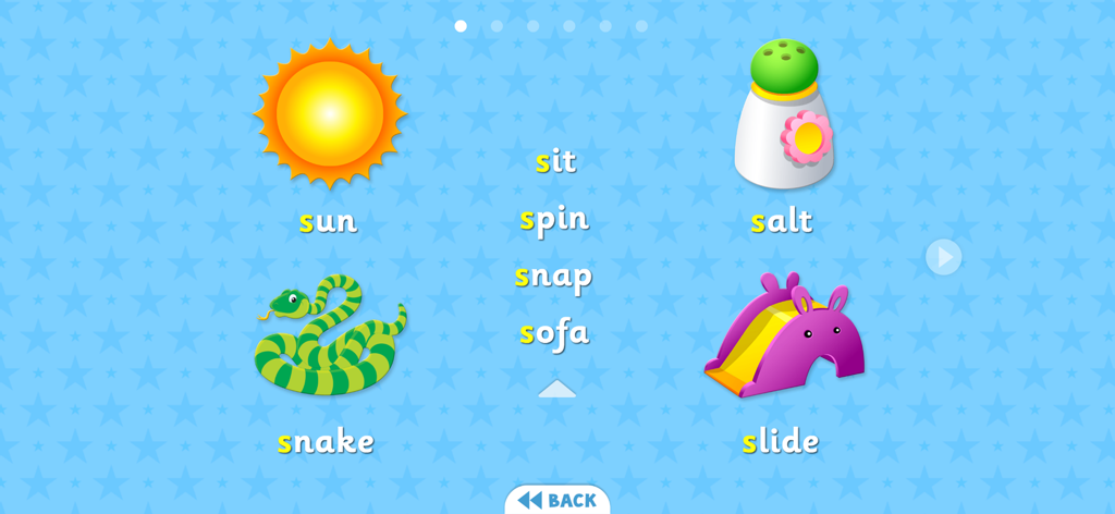 Phonics Flashcards Premium - Educational phonics screen showing words and illustrations starting with the letter s sound including a sun and snake.