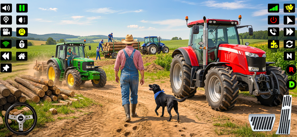 Farming Tractor Game Simulator - A farmer walking with his dog next to a large red tractor in a rural farming simulation game