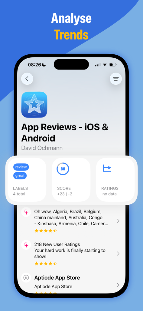 App Reviews - iOS & Android - Interface do aplicativo Reviews de Apps exibindo pontuações de sentimento e análises de feedback do usuário
