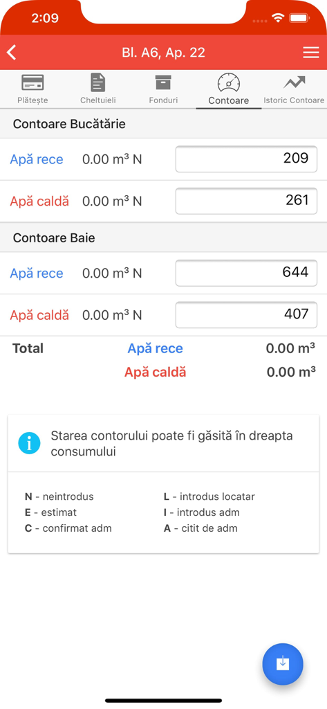 homefile - Mobile interface of the Homefile app showing fields for entering kitchen and bathroom water meter readings.