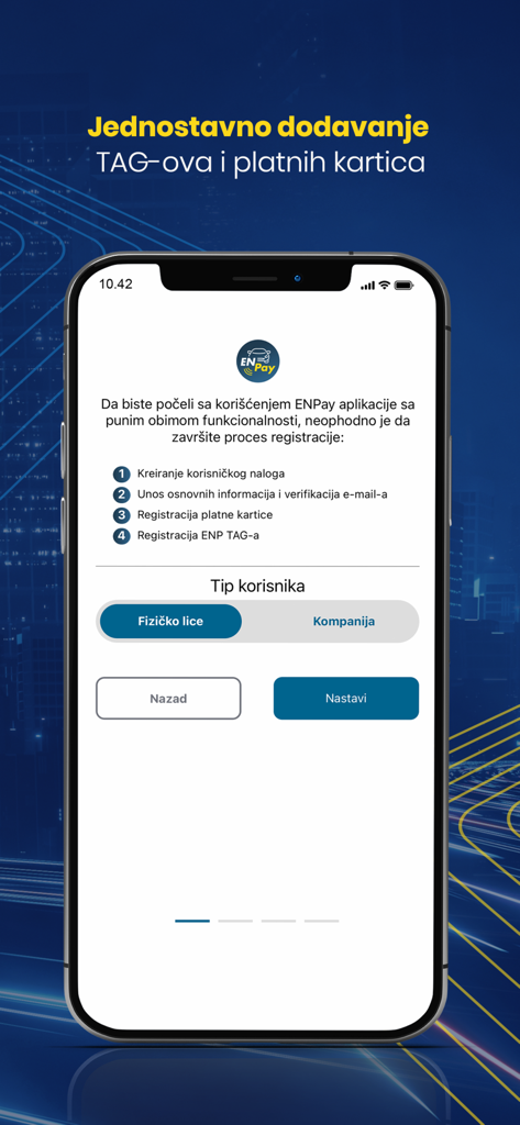 ENPay - Registrierungsbildschirm der ENPay-App für serbische Autobahnmautgebühren mit Auswahl des Benutzertyps und Einrichtungsschritten.