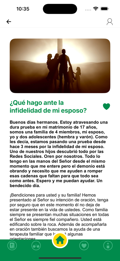 Interfaz de la app Revista Rayo de Luz mostrando una reflexión espiritual sobre la vida familiar