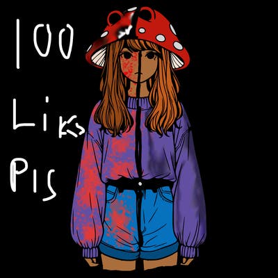 a realistic girl with a frog hat and baggy mushroom shirt