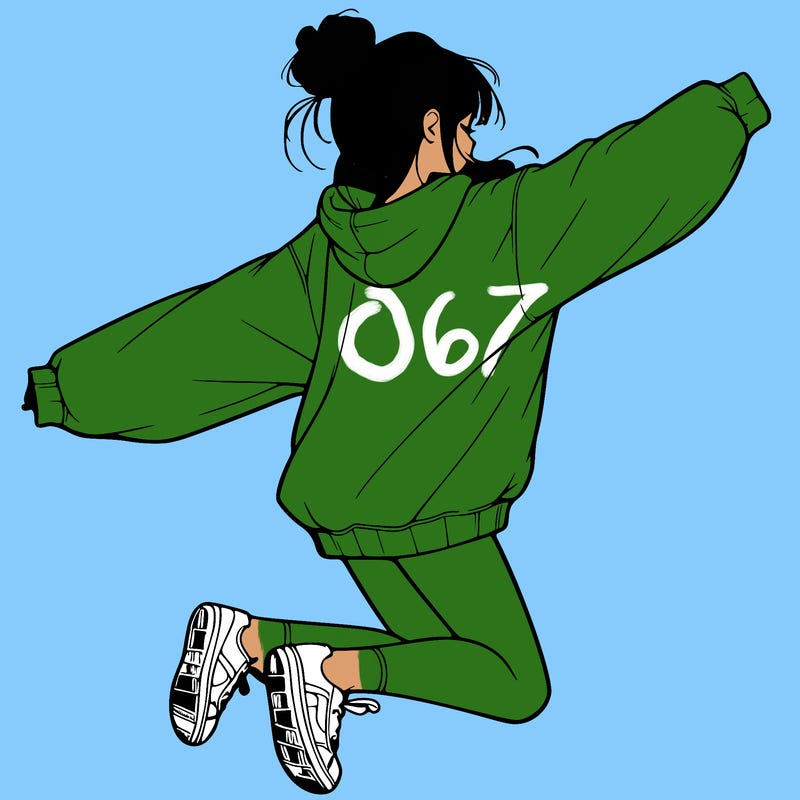realistic girl jumping with a bun and oversized sweatshirt