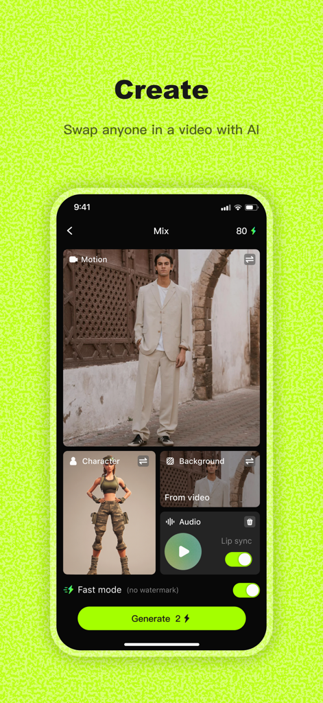 Interface de l'application Viggle AI montrant la fonctionnalité Mix utilisée pour remplacer une personne dans une vidéo par un personnage
