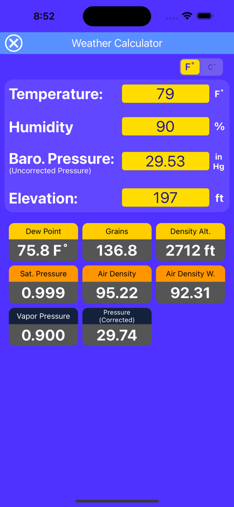Racing Weather - Weather calculator interface showing density altitude and performance metrics for racing