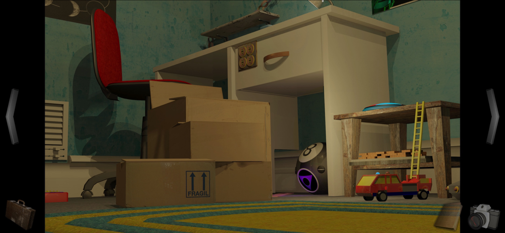 A Short Tale - A first person view from a miniature perspective showing a bedroom floor with toys and cardboard boxes in the game A Short Tale