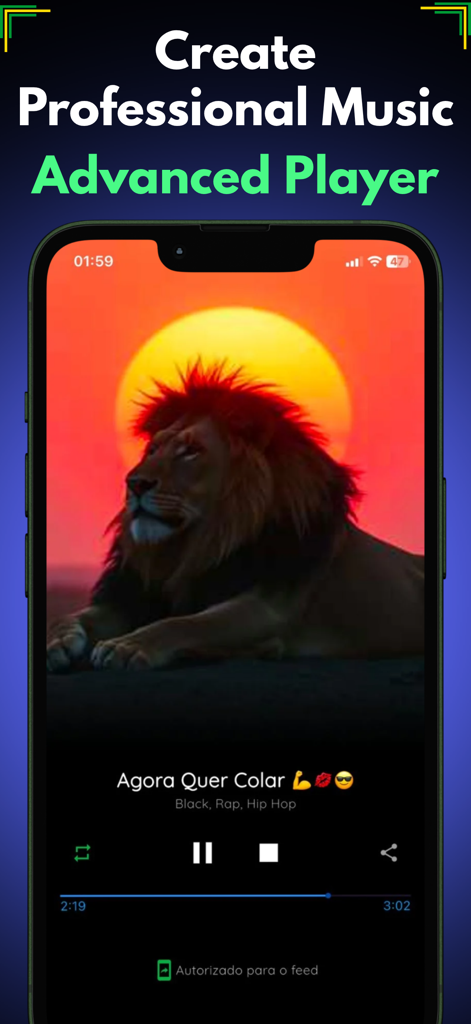 Music Creator AI - Advanced - Écran avancé du lecteur de musique dans l'application Music Creator AI montrant les commandes de lecture et les détails de la chanson.