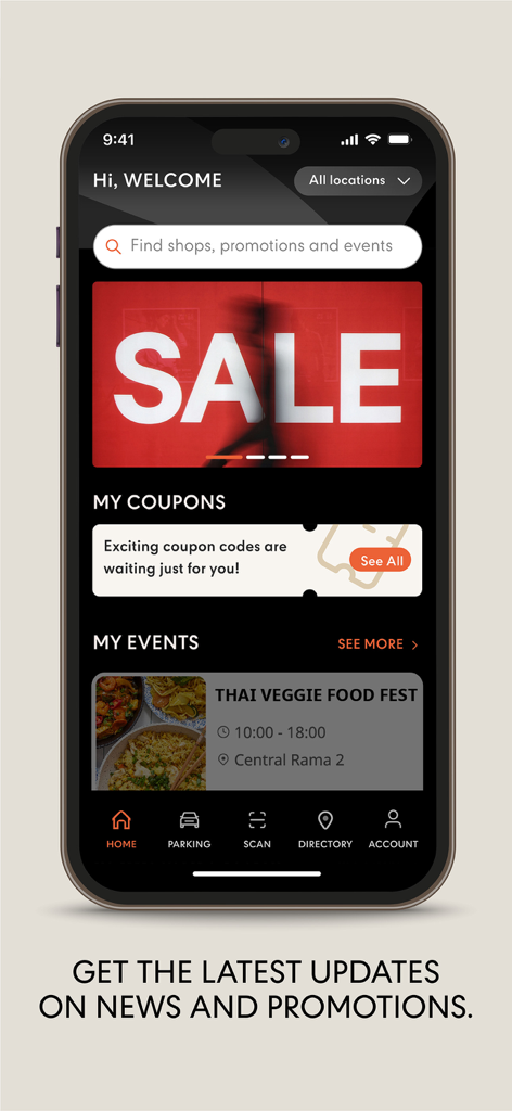 Central X - La schermata principale dell'app Central X con un banner promozionale, la sezione dei miei coupon e gli eventi imminenti come un festival gastronomico.