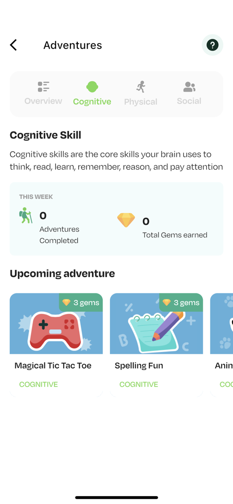 Miko app Adventures screen showing cognitive skills and educational games
