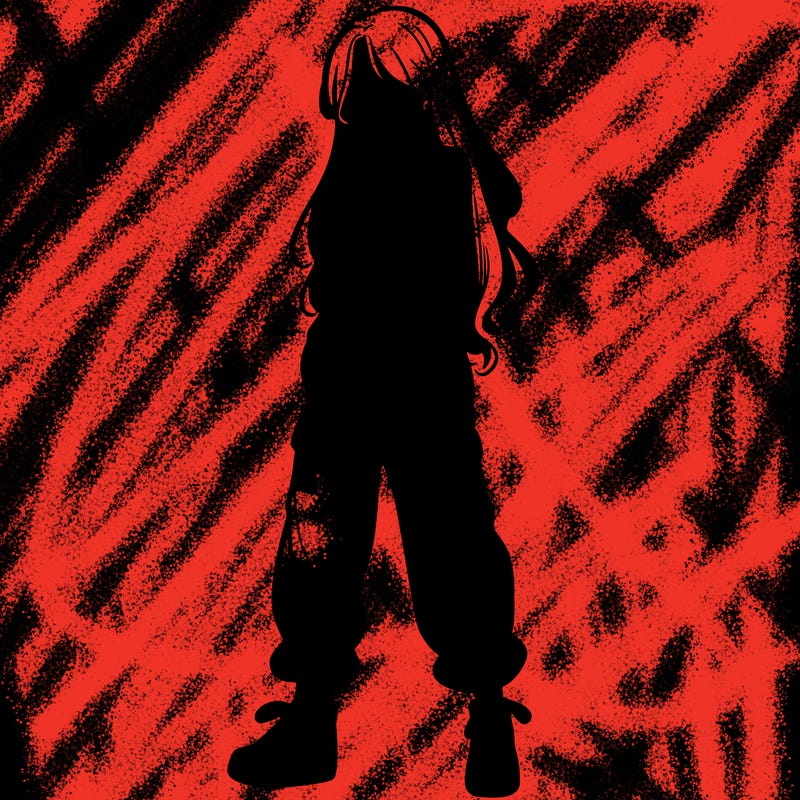 girl in baggy pants crop top and long hair