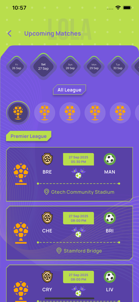 LOLA FOOTBALL - LOLA FOOTBALL app screen displaying upcoming Premier League match fixtures with stadium names and schedules