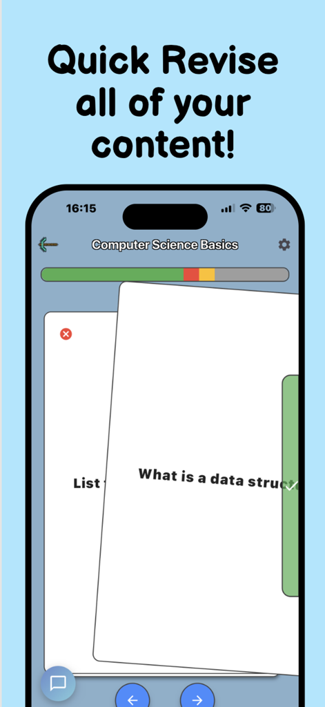 StudyHub - L'interfaccia dell'app StudyHub che mostra una rapida sessione di revisione con flashcard di informatica.