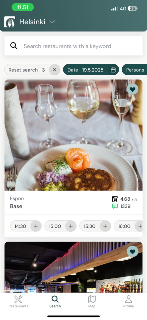 TableOnline - Reservations - TableOnline app screen showing restaurant listings and booking options in Helsinki