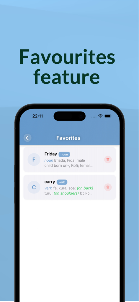 Favorites screen of the Twi Dictionary app displaying saved English to Twi word translations