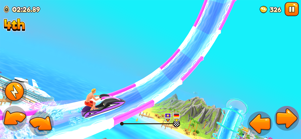 Uphill Rush Water Park Racing - Gameplay di Uphill Rush Water Park Racing che mostra un personaggio su una moto d'acqua che sale su uno scivolo colorato.