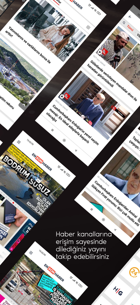 Collage of Ensonhaber mobile app screens featuring Turkish news headlines and video broadcasts