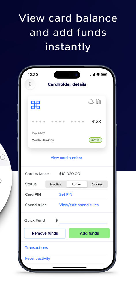 Tela do aplicativo PEX mostrando o saldo do titular do cartão e opções de gerenciamento de fundos