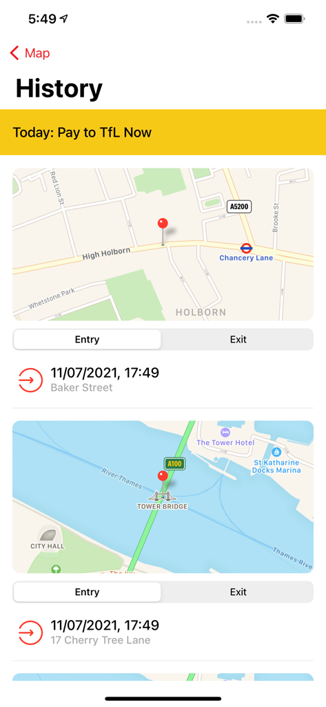 Congestion Zone App - Screenshot of the History screen in the Congestion Zone App showing recorded vehicle entry points and timestamps on maps of London