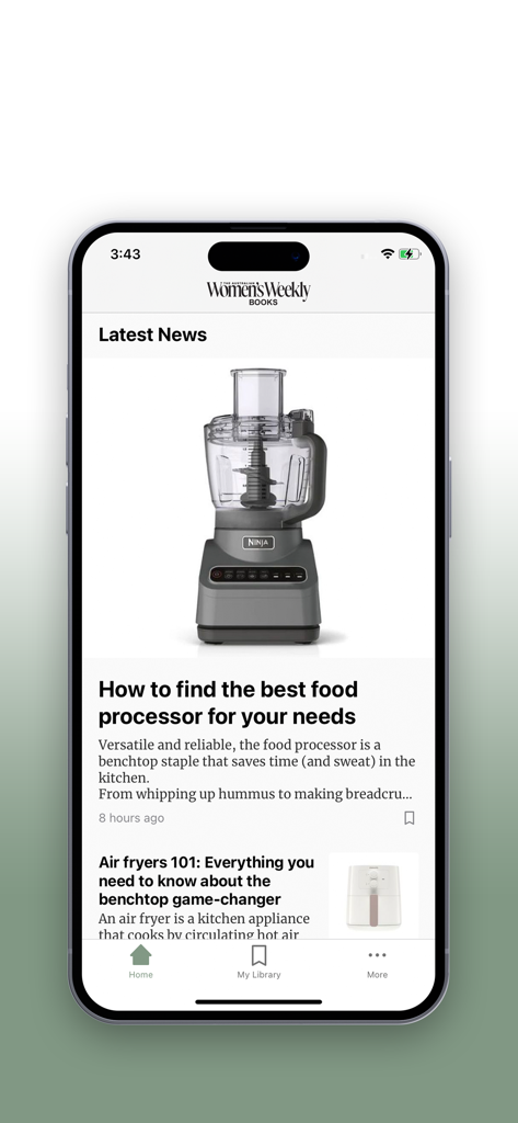 Women's Weekly Cookbooks - Screenshot of the Latest News section in the Women's Weekly Cookbook app featuring kitchen appliance guides for food processors and air fryers.