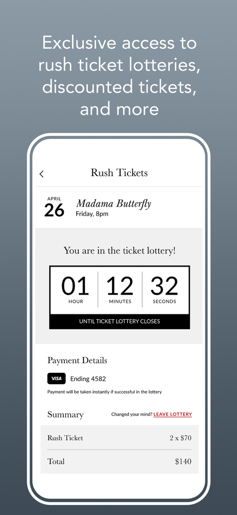 Met Opera - Met Opera app screen showing a countdown timer for a rush ticket lottery for Madama Butterfly