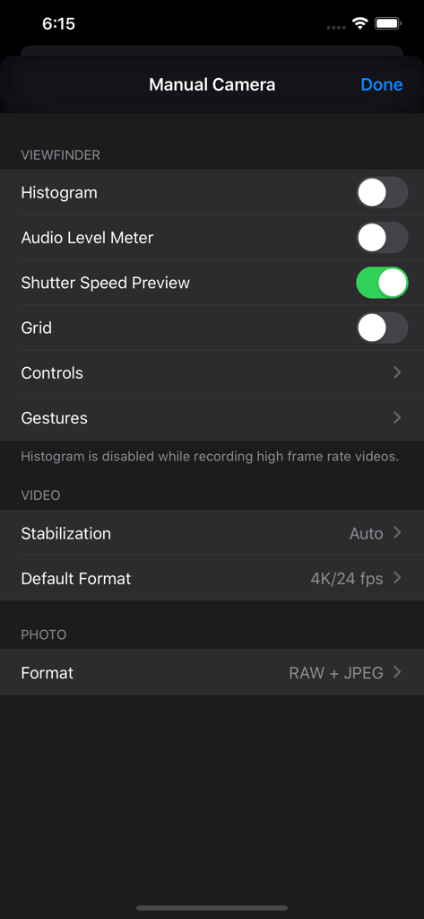 Manual Camera 4 - Settings menu of the Manual Camera app showing viewfinder video and photo configuration options