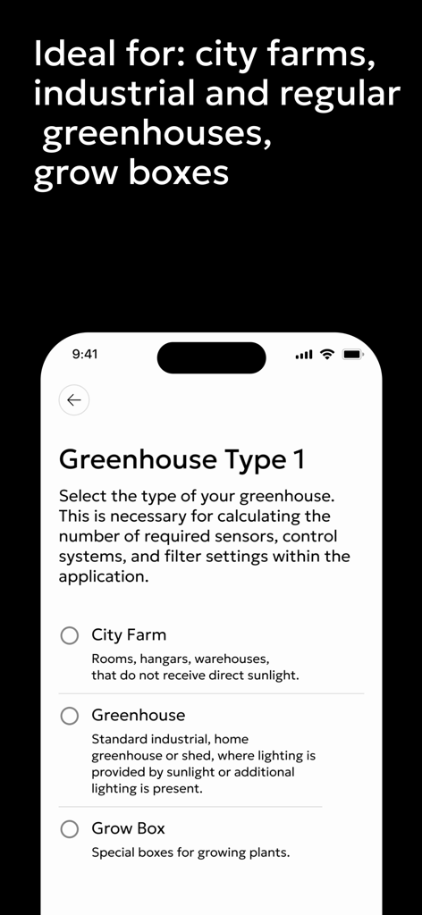 Gros.farm - Pantalla de la aplicación Gros.farm que muestra opciones para seleccionar tipos de cultivo como granja urbana, invernadero o armario de cultivo.