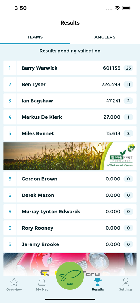 Keepnet Weigh Bay: Fishing App - Leaderboard screen in the Keepnet fishing app displaying angler rankings and results for a tournament.
