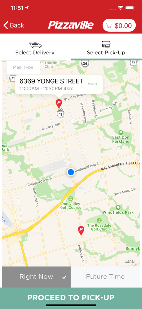 Pizzaville - Interface do aplicativo Pizzaville mostrando um mapa com locais de pizzarias e opções de retirada