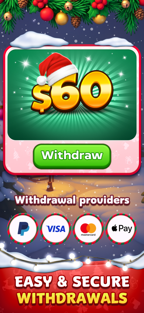 Solitaire Smash app interface showing secure cash withdrawal options including PayPal Visa MasterCard and Apple Pay