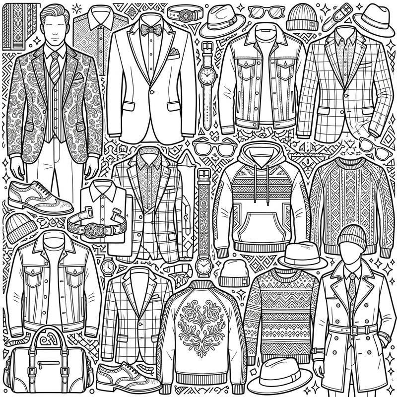 Explore the world of men's fashion with this incredibly detailed adult coloring page. Featuring a wide array of clothing and accessories, it promises a stylish and engaging coloring experience.