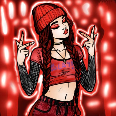 realistic teenage girl with braids and a beanie and crop top doing 🫶🏼