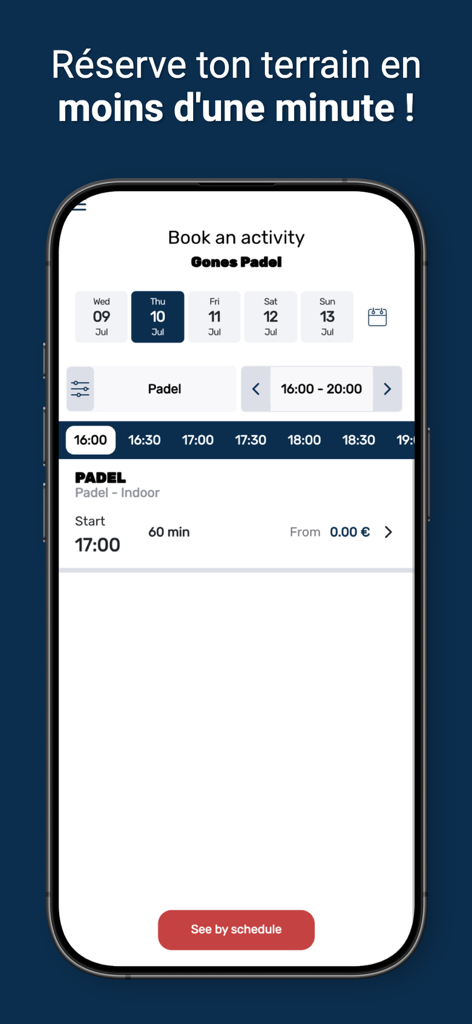GONES PADEL - Interface de l'application Gones Padel montrant les options de réservation de terrains et les créneaux horaires