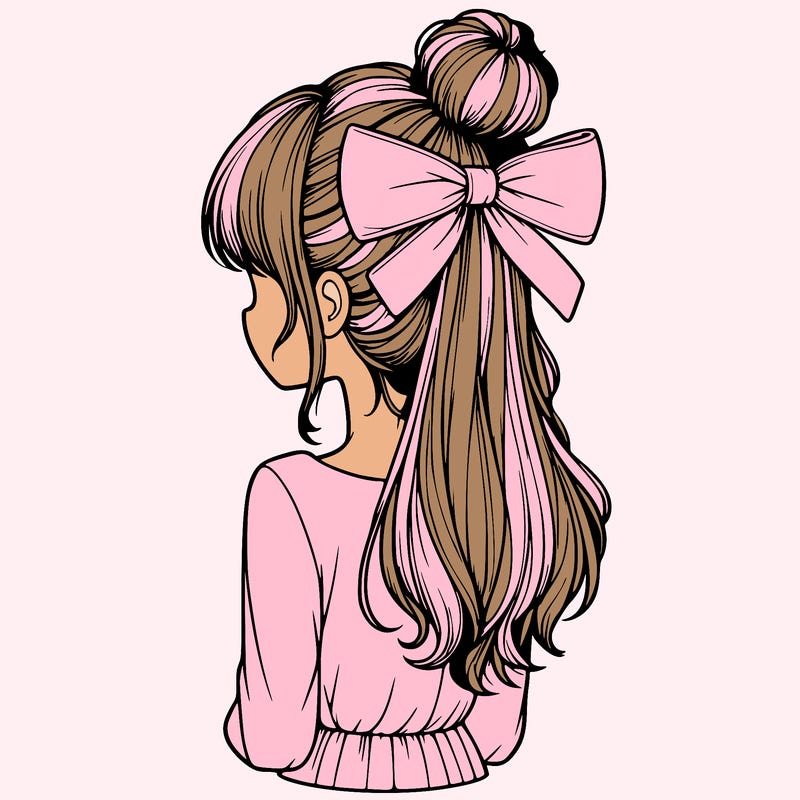 realistic girl  with hip length hair a bun and a big bow on the back of head