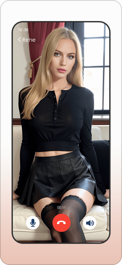 S Era: Femdom & Roleplay - A simulated video call screen featuring an AI companion named Rene in the S Era roleplay app.