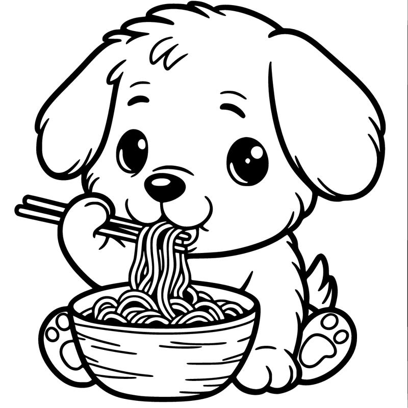 puppy eating noodles