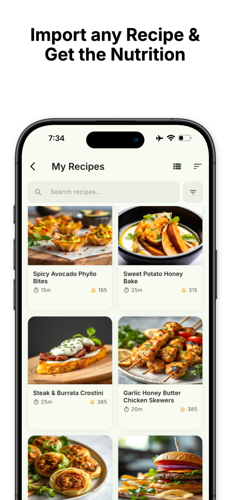 CalorieGram - Nutrition AI - Interfaz de la app CalorieGram mostrando la sección Mis Recetas con opciones de comidas saludables y sus recuentos calóricos.