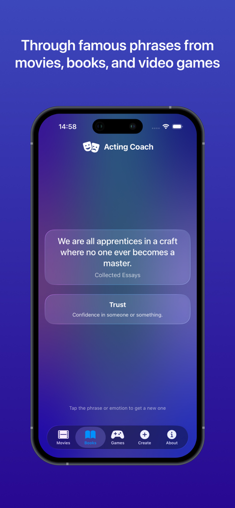 Acting Coach - 액팅 코치 앱에 무작위 책 구절과 연습용 감정이 표시됩니다.