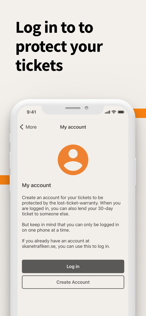 Skånetrafiken - Skanetrafiken app account login screen displaying ticket protection and lost ticket warranty features.