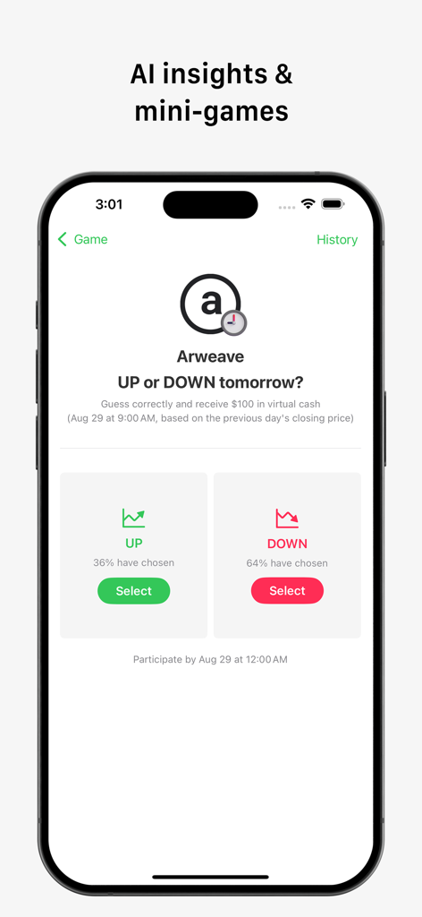 Vestin - Investment Simulator - Vestin app interface showing an Arweave price prediction mini-game where users vote if a stock price will go up or down