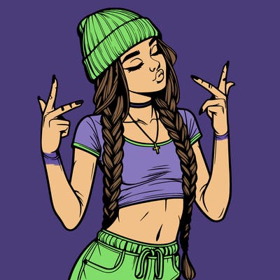 realistic teenage girl with braids and a beanie and crop top doing 🫶🏼