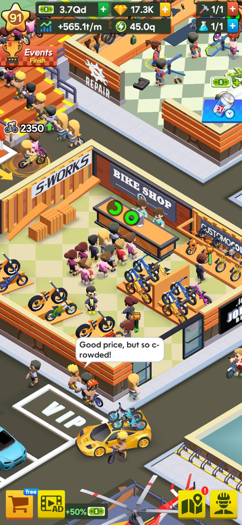Una tienda de bicicletas y estación de reparación concurrida en Mountain Bike Park Tycoon con clientes y personal