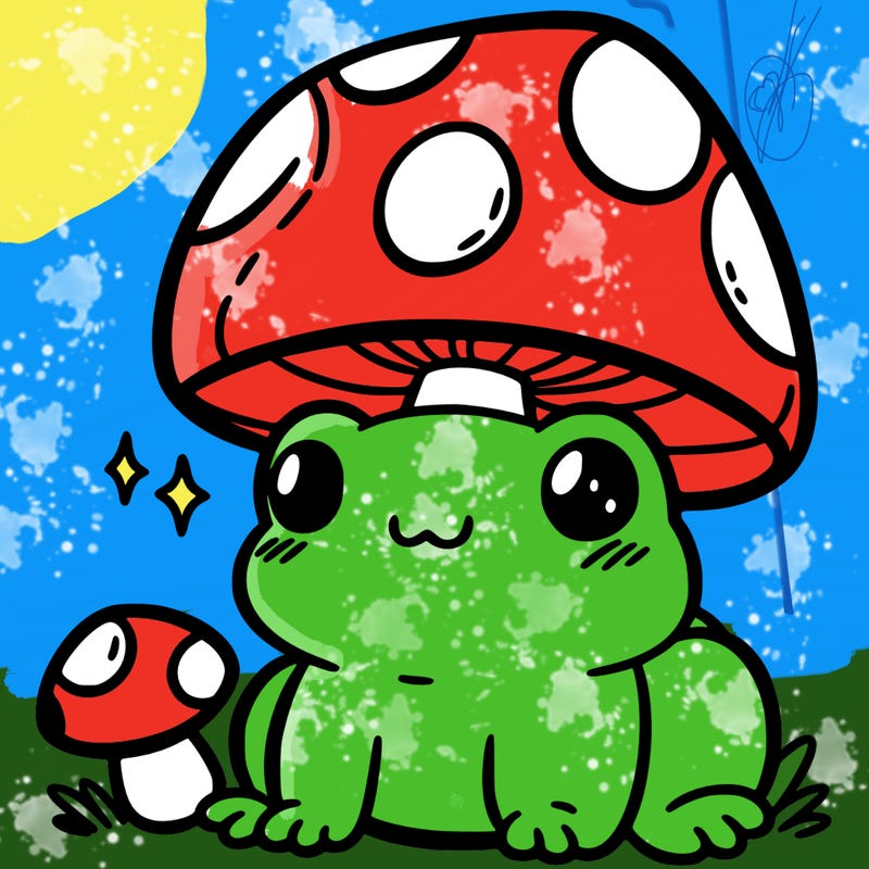 a cute frog with a mushroom hat