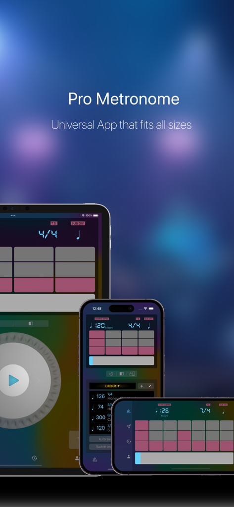 Pro Metronome - Tempo & Tuner - Pro Metronome 앱 인터페이스가 여러 방향으로 iPad 및 iPhone 장치에 표시됩니다.