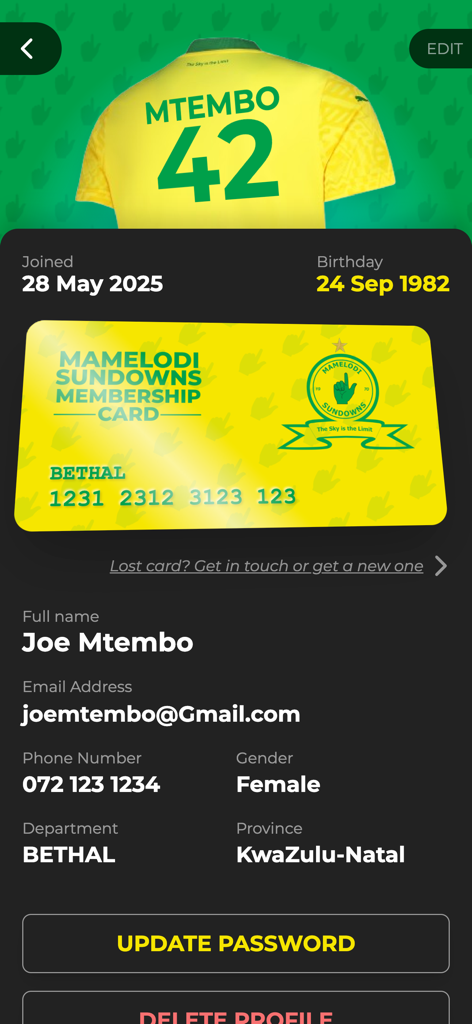 Mamelodi Sundowns Official App - Mamelodi Sundowns official app user profile showing a digital membership card and personalized team jersey